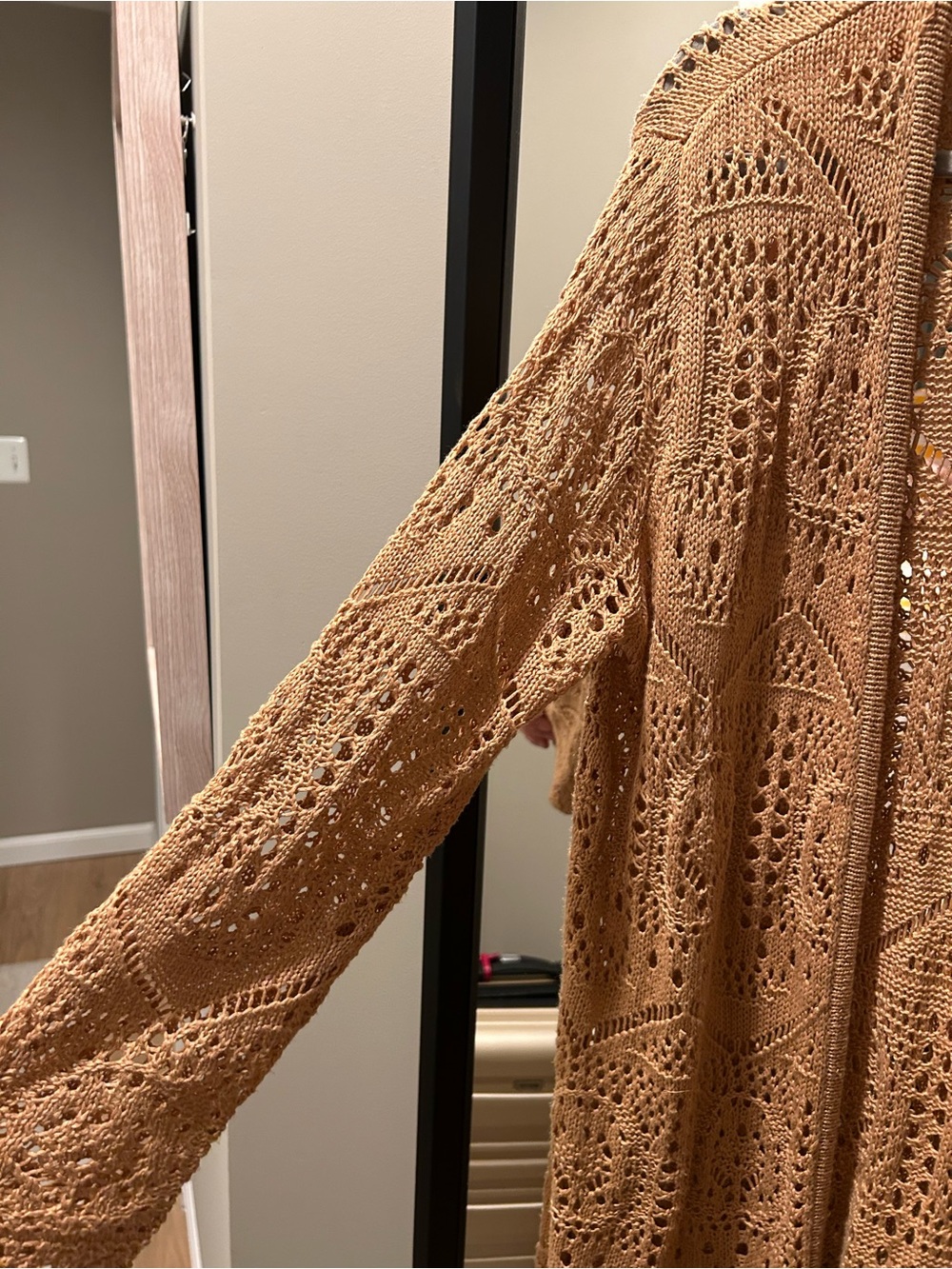 Chelsea & Theodore Tan Open-Front Crochet Cardigan XL Boho Scalloped Hem - Picture 3 of 5